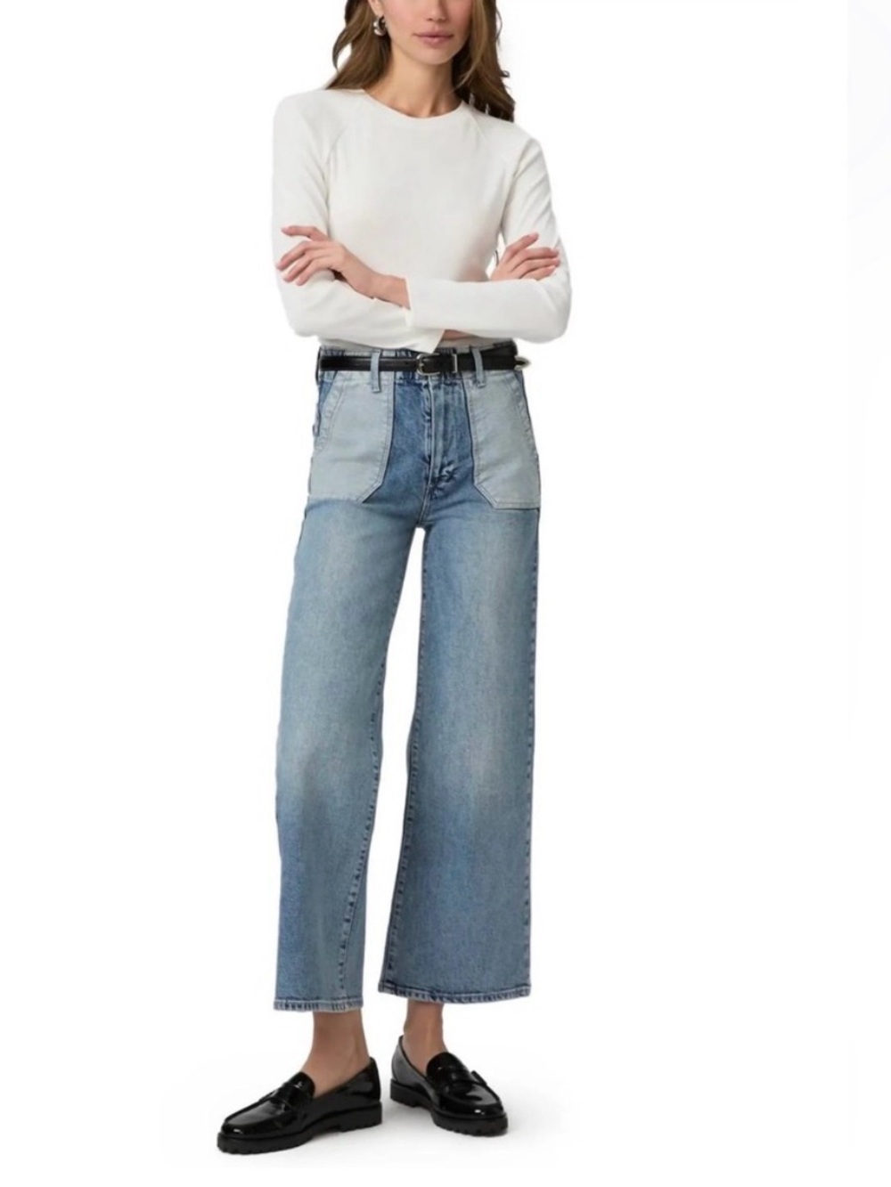 PAIGE Sasha Wide-Leg Patch Pocket Jeans in Light Blue